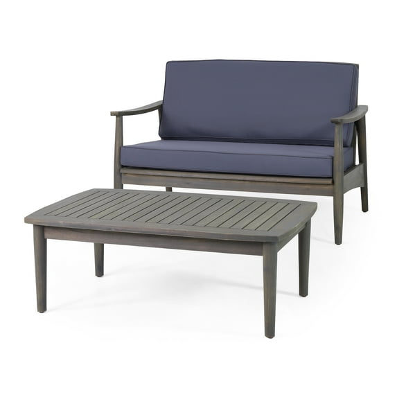 Emmry Outdoor Acacia Wood Loveseat Set with Coffee Table, Gray and Dark Gray