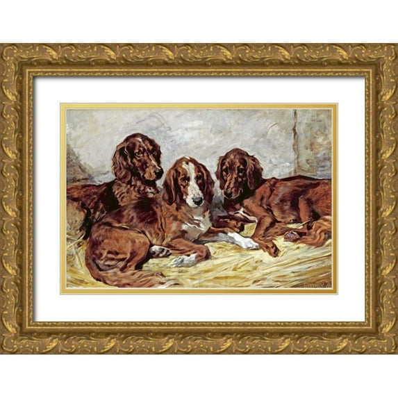 Emms, John 24x17 Gold Ornate Wood Framed with Double Matting Museum Art Print Titled - Shot and His Friends - Three Irish Red and White Setters