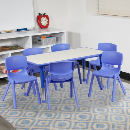 Emmy Adjustable Classroom Activity Table for Kids with 6 Chairs, Blue/Gray