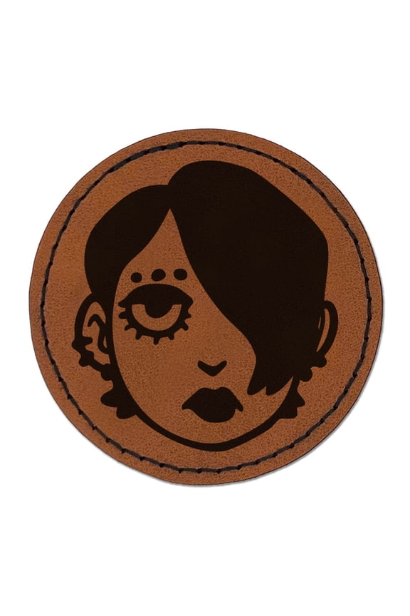Emo Goth Woman Head Person Round Iron-On Engraved Faux Leather Patch Applique - 2.5 Inch - Brown