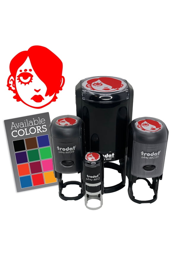Emo Goth Woman Head Person Self-Inking Rubber Stamp for Stamping Ink Stamper Crafting Planners - 1/2 Inch Mini - Fuchsia Ink