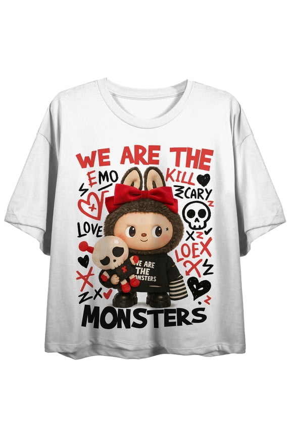 Emo Plush toy, random doodle, "We are the Monsters" on White Adult Crop Tee-XL