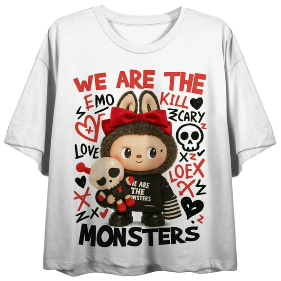 Emo Plush toy, random doodle, "We are the Monsters" on White Adult Crop Tee-XS
