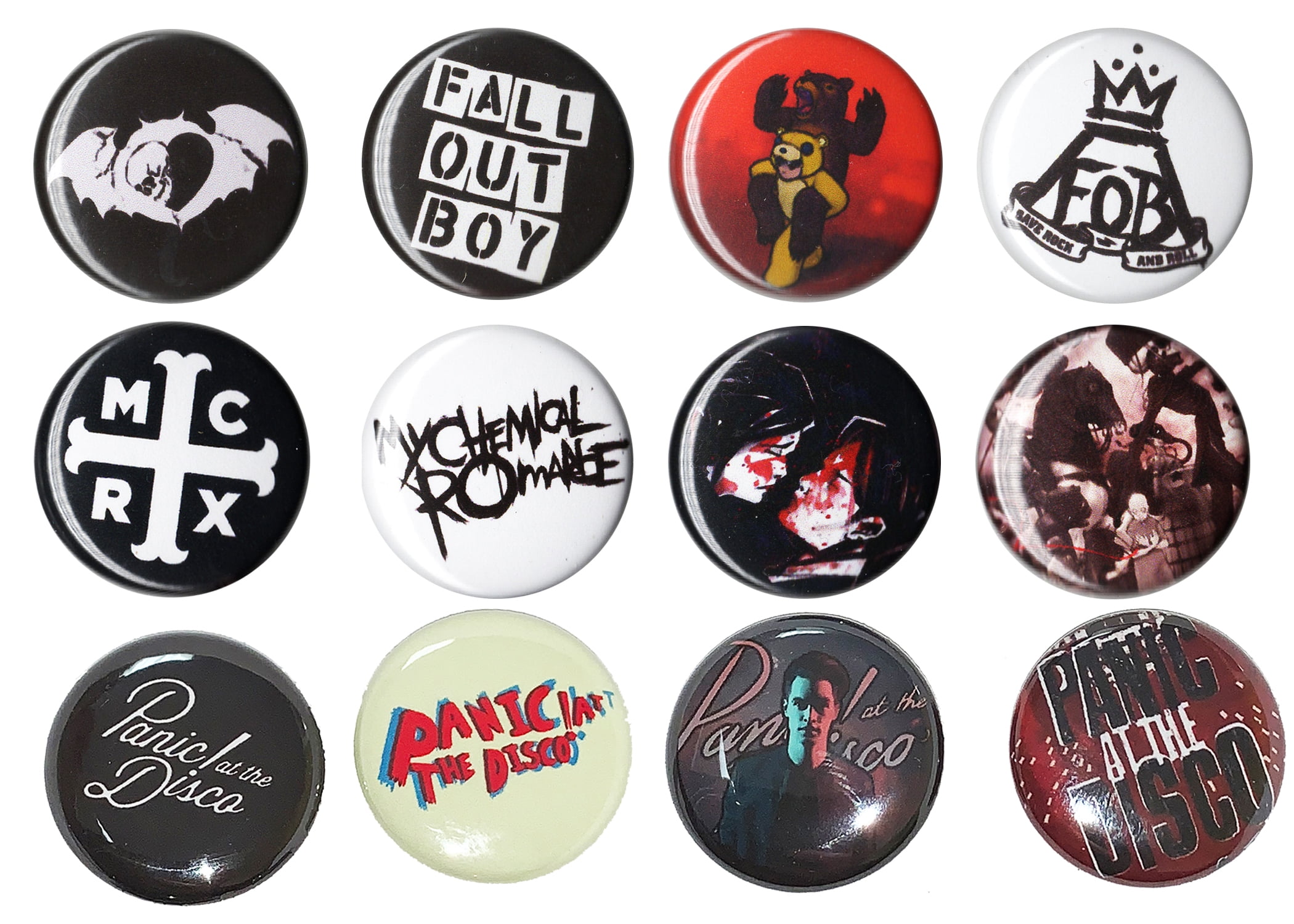 Emo Punk Band 1 inch Button Set - 12 Piece - Fall out Boys / My Chemical Romance / Panic at the Disco