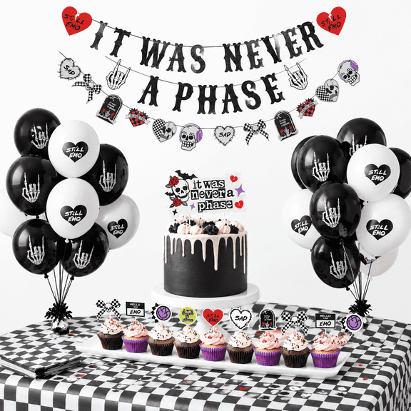 Emo Themed Party Decoration Kit with Banner, Cake Toppers, Balloons and Checkered Tablecloth