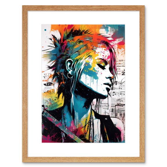 Emo Woman Electric Guitar Sheet Music Upcycle Art Splatter Paint Modern Painting Artwork Framed Wall Art Print 9X7 Inch
