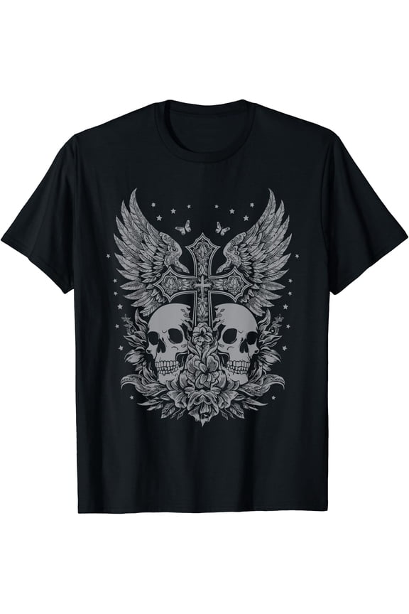 Emo Y2K Grunge Goth Skull Cross Gothic Butterfly Unique T-Shirt , Vintage T-Shirt