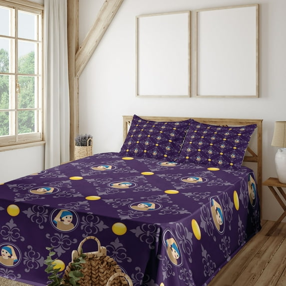Emoji Art Sheet Set, Damask Flowers Rococo with Female Character Renaissance Vibe Print, Fitted & Flat Sheet with Pillowcase Bedding Accent 4 Pcs Set, Queen, Quartz Mustard Pale Mauve, by Ambesonne