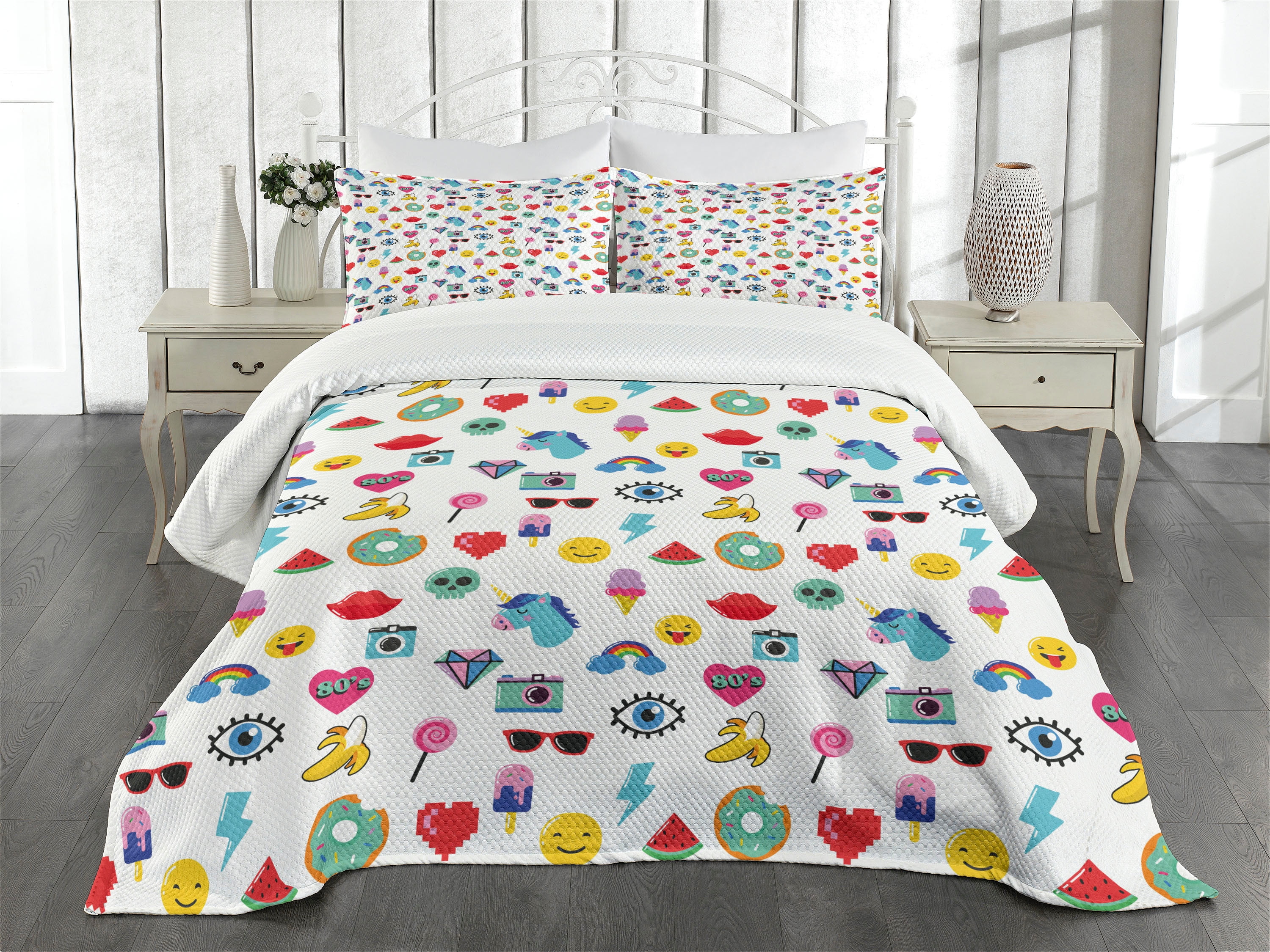 Emoji Bedspread Set Queen Size, Pop Art Style Cartoon Icons Unicorn