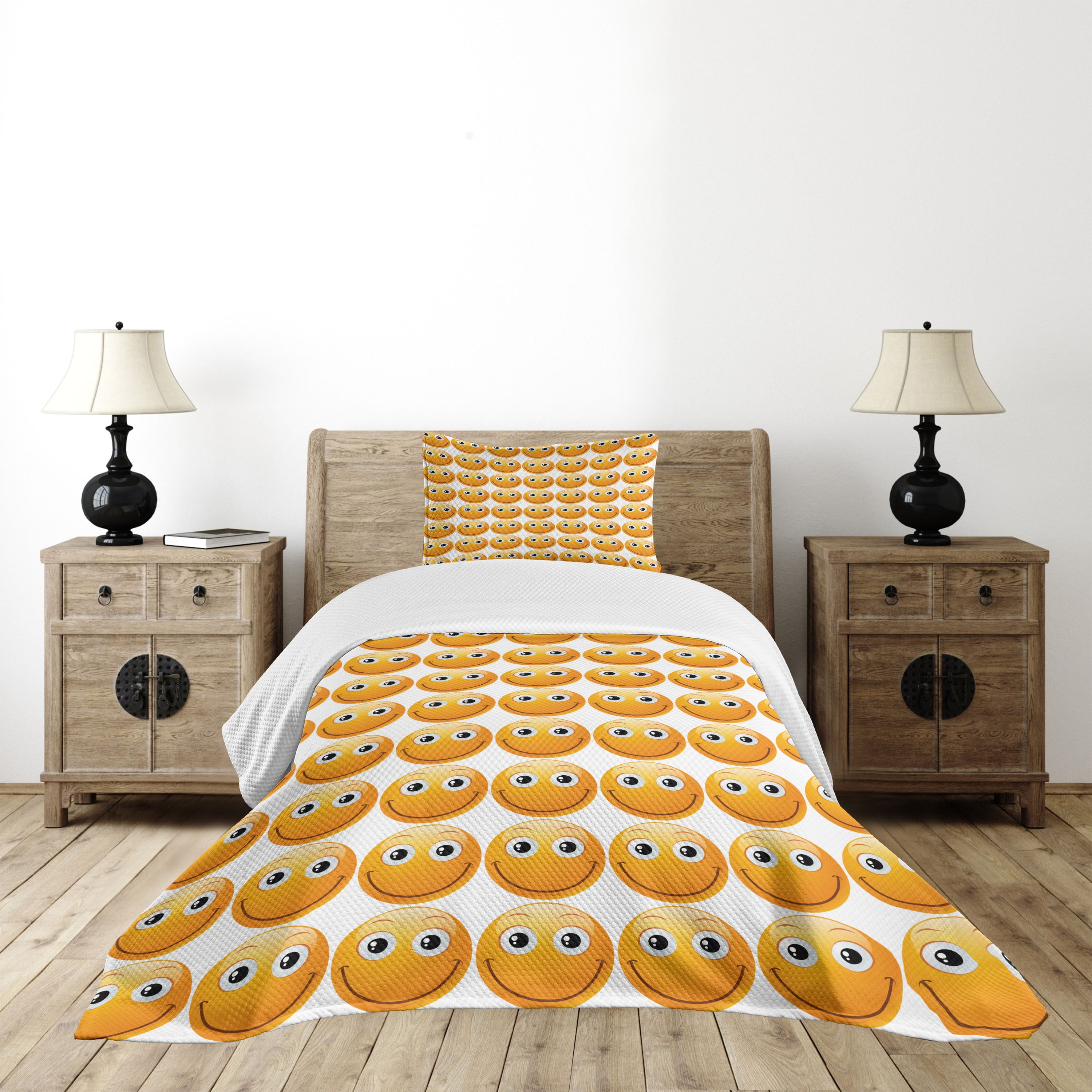 Emoji Bedspread Set Twin Size, Smiley Technologic Modern Happy Loving