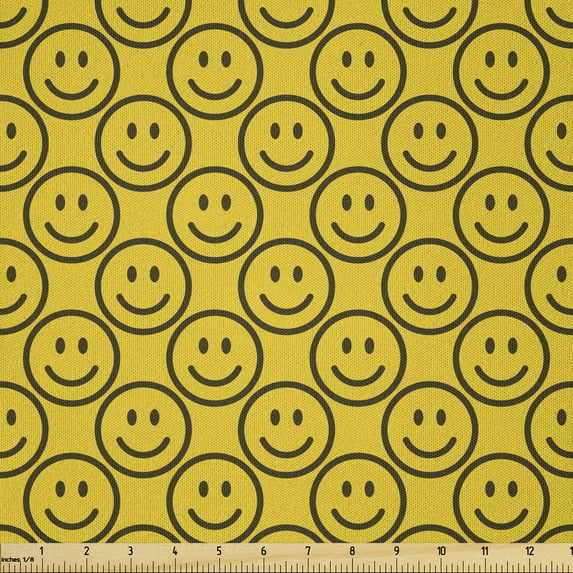 Emoji Fabric by The Yard, Flat Smiling Faces Expressing Happiness in Diagonal Joyful Childhood, Microfiber Fabric for Arts and Crafts Textiles & Decor, 2 Yards, Green Yellow, by Ambesonne