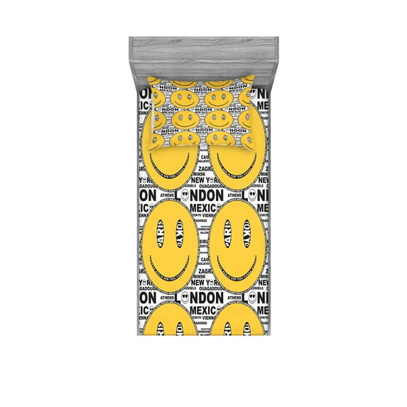 Emoji Fitted Sheet & Pillow Sham Set, Cities of the World Typography Wanderlust Traveler Smiling Faces Modern, Decorative Printed 2 Piece Bedding Decor, Twin, Mustard Charcoal Grey, by Ambesonne