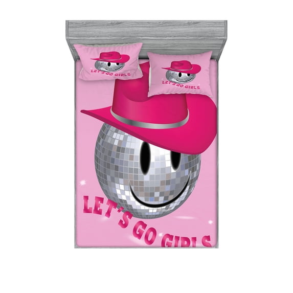 Emoji Fitted Sheet & Pillow Sham Set, Disco Ball in a Pinkish Cowboy Hat Let's Go Lettering Funny Themed Print, Decorative Printed 3 Piece Bedding Decor, Full, Pink Grey and Magenta, by Ambesonne