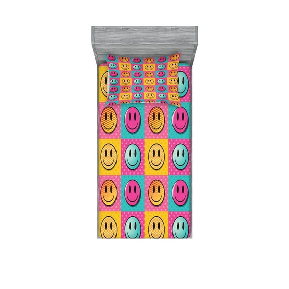 Emoji Fitted Sheet & Pillow Sham Set, Pop Art Concept Pattern with Smiling Faces Polka Dots Halftone Motifs Squares, Decorative Printed 2 Piece Bedding Decor, Twinxl, Pink Teal Orange, by Ambesonne