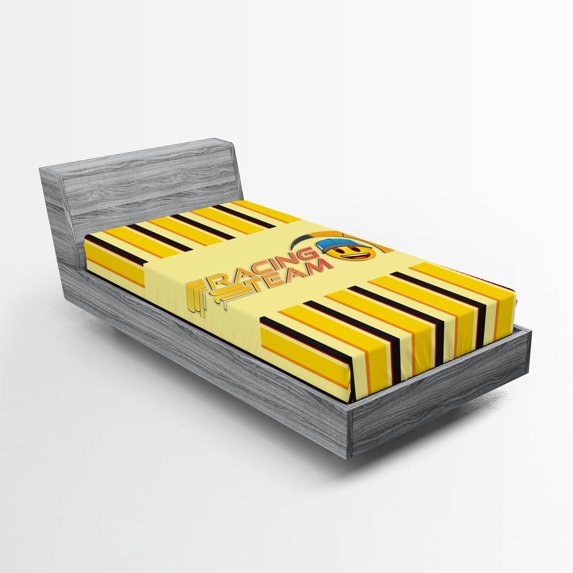 Emoji Fitted Sheet, Racing Team Typography with a Speed Chart Happy Character on Stripes, Decorative Soft Bedding All-round Elastic Pocket, Twin Size, Mustard Cream Dark Brown, by Ambesonne