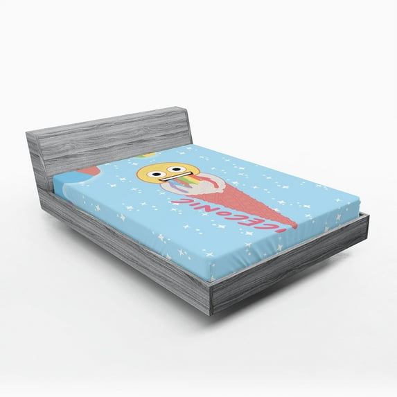 Emoji Fitted Sheet, Summer Ice Cream Iceconic Writing Funny Face Rainbow and Star Ornaments, Decorative Soft Bedding All-round Elastic Pocket, California King, Pale Sky Blue Multicolor, by Ambesonne