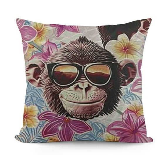 Emoji Flannel Fleece Pillow Cushion Cover, Cartoon Monkey Expressions on Hawaii Aloha Theme Leafy Floral Backdrop, Decorative Square Accent Pillow Case", Brown Lilac and Rose
