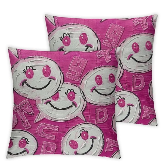 Emoji Fluffy Throw Pillow Cushion Cover, Zipper-Mouth Face Print Antisocial Lettering with Hearts on Chevron Backdrop, Decorative Square Accent Pillow Case, Soft Pink Fuchsia