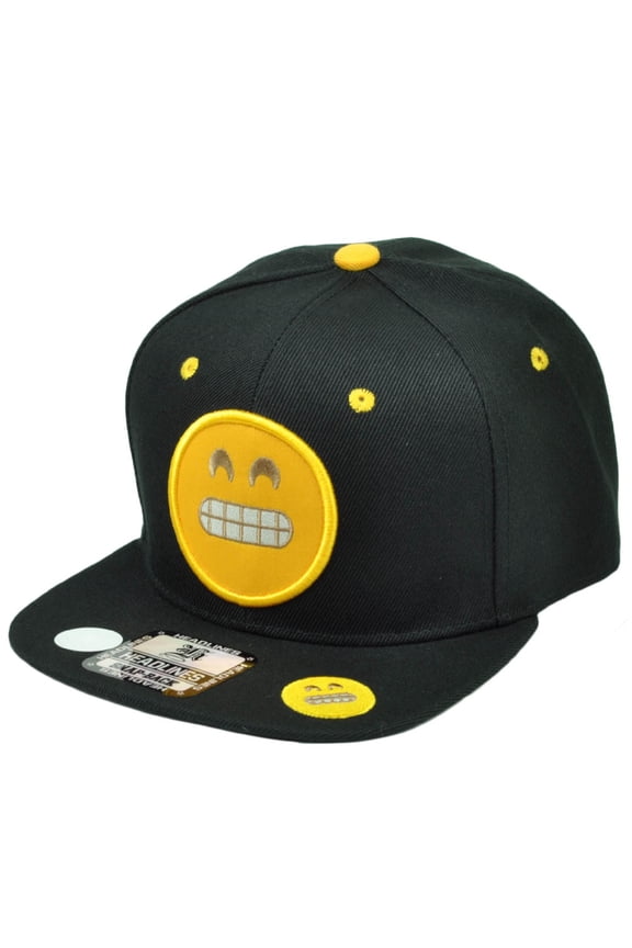 Emoji Grinning Smile Face Emoticons Text Symbol Snapback Hat Cap Flat Bill Black