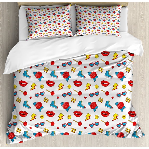 Emoji Queen Size Duvet Cover Set, Hipster Pop Art Theme 90s Fashion Comic Book Figures Lollipop Shoes Lips Roses, Decorative 3 Piece Bedding Set with 2 Pillow Shams, Yellow Red Blue, by Ambesonne