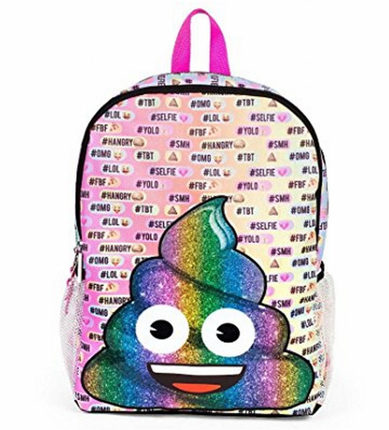Emoji Rainbow Poop 16 inch Backpack with Side Mesh Pockets