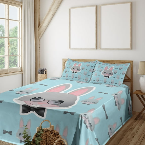 Ambesonne Emoji Fitted & Top Sheet Set with Sham, Alice Theme Rabbit Character, Soft Blue Pale Grey and Blush