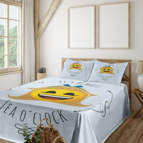 Ambesonne Emoji Fitted & Top Sheet Set with Shams, Alice Themed Tea O' Clock Art, Soft Blue Mustard Black