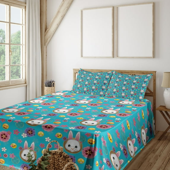 Ambesonne Emoji Fitted & Top Sheet Set with Shams, Happy Chinese New Year Print, Sea Blue White Mustard