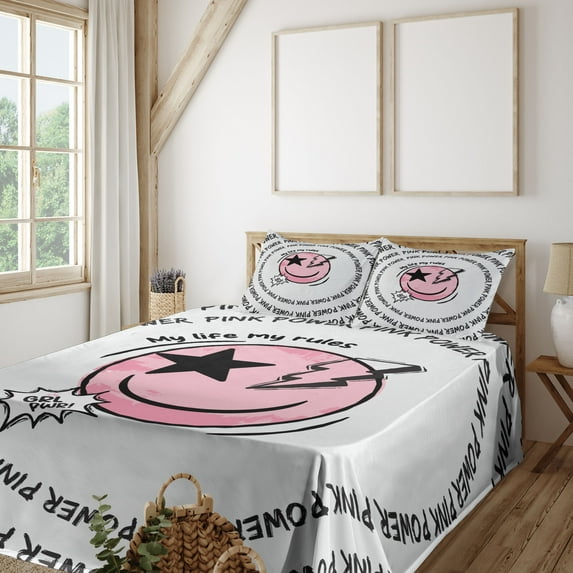 Ambesonne Emoji Fitted & Top Sheet Set with Sham, My Life My Rules Pink Fun, Coconut Pale Pink Black