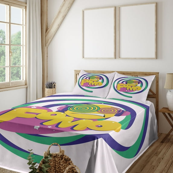 Ambesonne Emoji Fitted & Top Sheet Set with Shams, Circular Eyes Confused Faces, White Sea Green Mustard