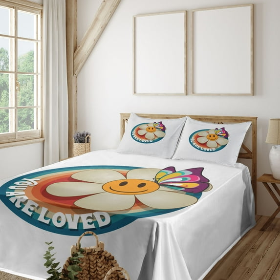 Ambesonne Emoji Fitted & Top Sheet Set with Shams, Colorful Floral Face Funny, White Pale Sage Green