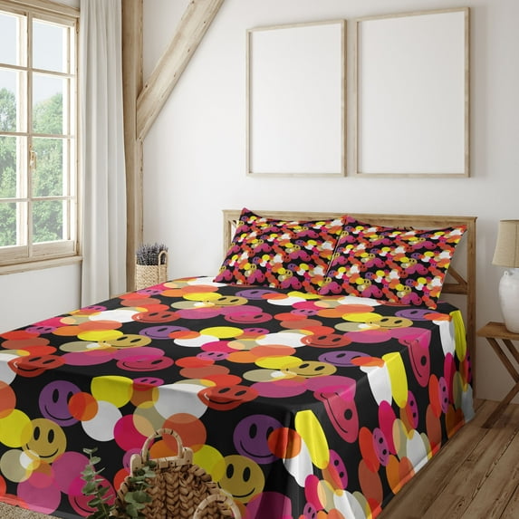 Ambesonne Emoji Fitted & Top Sheet Set with Sham, Colorful Rounds Funny Faces, Pink Yellow Black