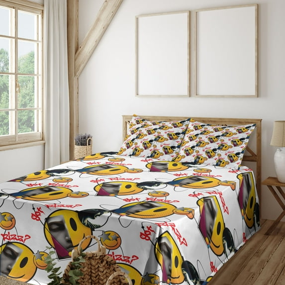 Ambesonne Emoji Fitted & Top Sheet Set with Sham, Funny Faces Antique Heads Art, Pale Orange Multicolor