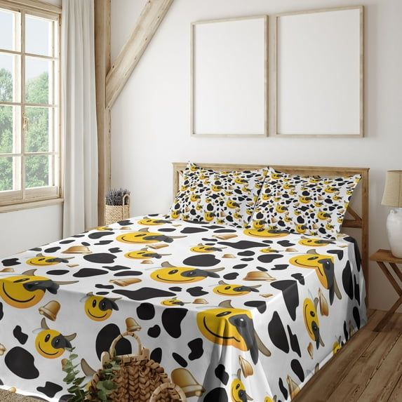 Ambesonne Emoji Fitted & Top Sheet Set with Sham, Cow Print Spots Bells Pattern, Pale Orange and Dark Grey