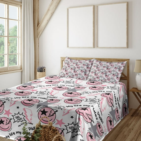 Ambesonne Emoji Fitted & Top Sheet Set with Shams, Dreamy Colors Funny Faces Art, Ivory Pale Pink Pale Grey