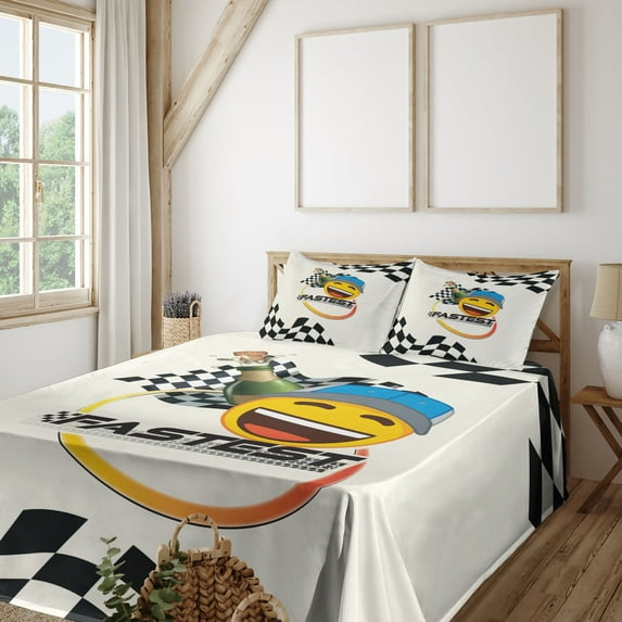 Ambesonne Emoji Fitted & Top Sheet Set with Sham, Race Winner Fastest Print, White Multicolor