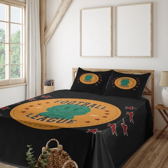 Ambesonne Emoji Fitted & Top Sheet Set with Shams, Football League Lettering Fun, Apricot Red and Jade Green