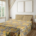 thumbnail image 1 of Ambesonne Emoji Fitted & Top Sheet Set with Shams, Hippie Flowers Wait What Text, Mustard Pale Green and White, 1 of 5