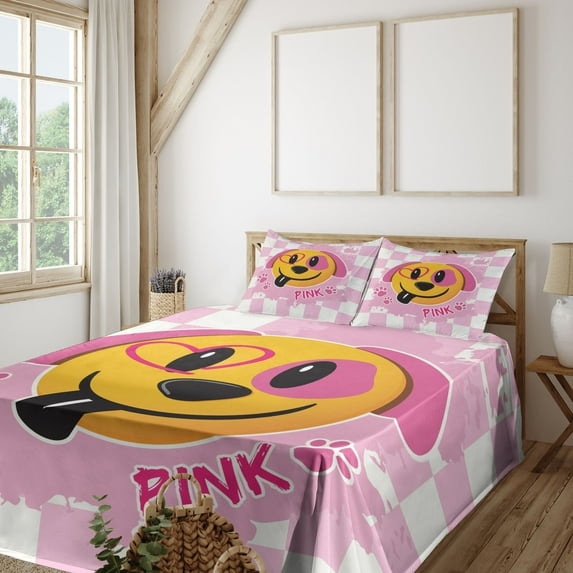 Ambesonne Emoji Fitted & Top Sheet Set with Shams, Funny Dog Paws Checkered Back, Pink Mustard and Black
