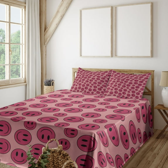 Ambesonne Emoji Fitted & Top Sheet Set with Shams, Funny Round Faces Modern Art, Pale Ruby Magenta