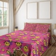 thumbnail image 1 of Emoji Sheet Set, Graffiti Design Explicit Texts with Smiling Faces X Shape Eyes Pattern, Fitted & Flat Sheet with Pillowcase Bedding Accent 4 Pcs Set, Queen, Pink Mustard and Purple, by Ambesonne, 1 of 5