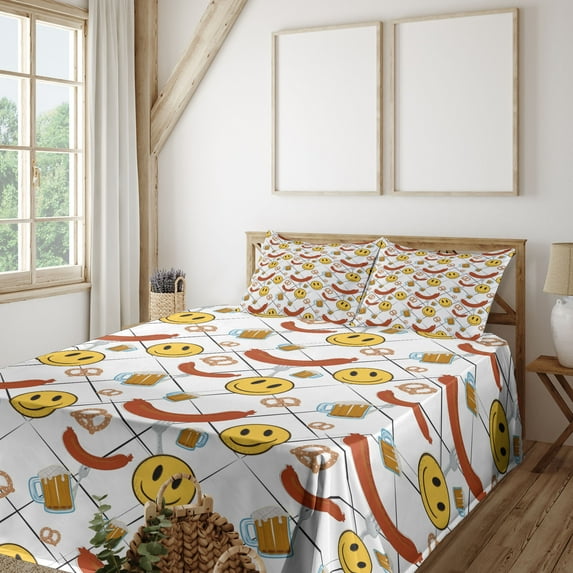Ambesonne Emoji Fitted & Top Sheet Set with Shams, Grid Back German Funny Faces, White Mustard Dark Salmon
