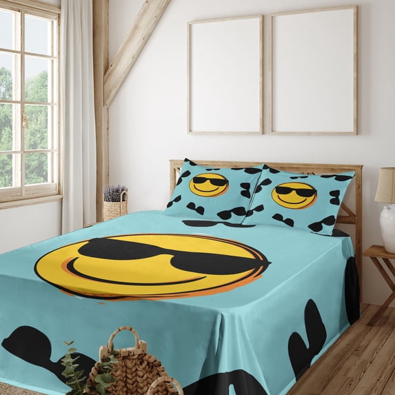 Ambesonne Emoji Fitted & Top Sheet Set with Sham, Happy Summer Sunglasses Faces, Pale Turquoise Mustard