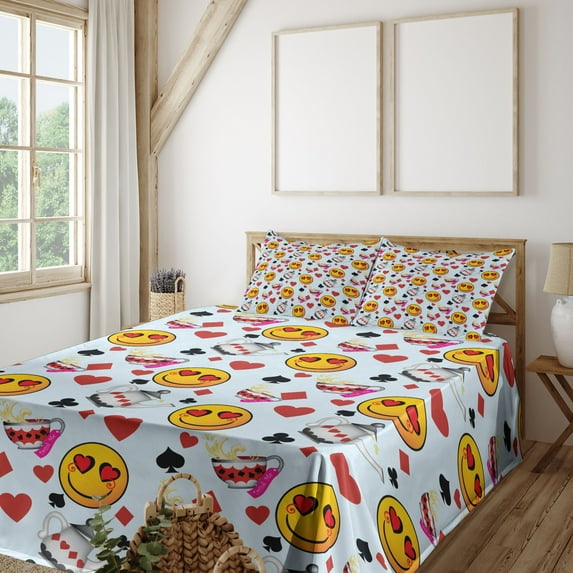 Ambesonne Emoji Fitted & Top Sheet Set with Sham, Alice Inspirations Pots Faces, Soft Blue Mustard