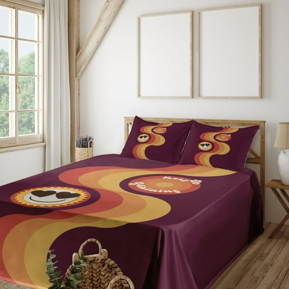 Ambesonne Emoji Fitted & Top Sheet Set with Sham, Hippie Summer Heart Eyes Face, Dark Fuchsia Mustard