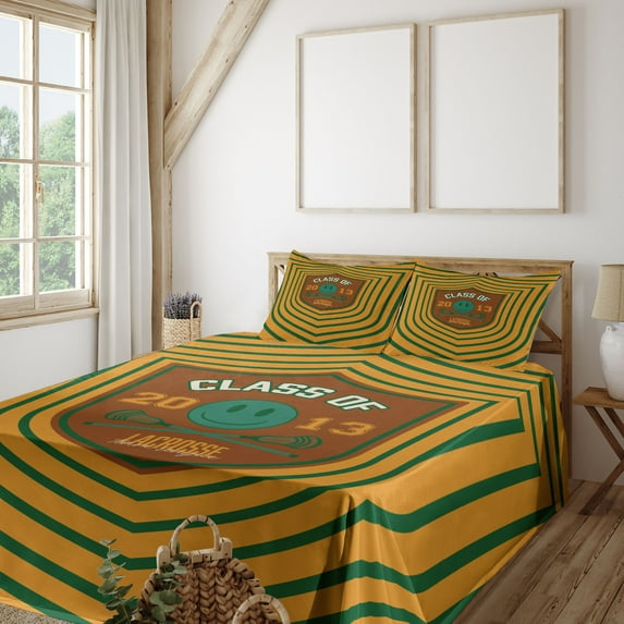 Ambesonne Emoji Fitted & Top Sheet Set with Shams, Retro Lacrosse Themed Design, Dark Green Apricot Rust