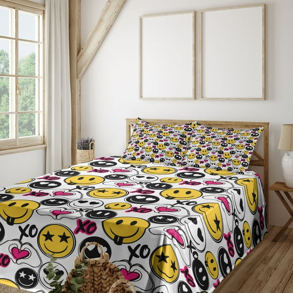 Ambesonne Emoji Fitted & Top Sheet Set with Shams, Modern Art Starry Eyes Faces, White Mustard and Hot Pink
