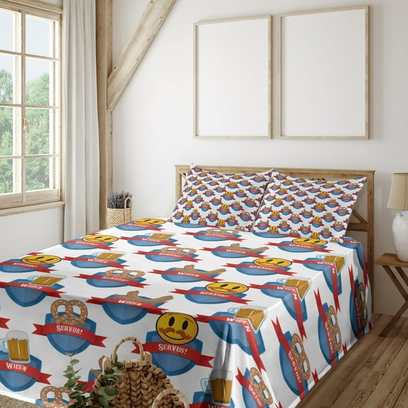 Ambesonne Emoji Fitted & Top Sheet Set with Shams, Modern German Wiesn Servus, White Dark Pink Sea Blue