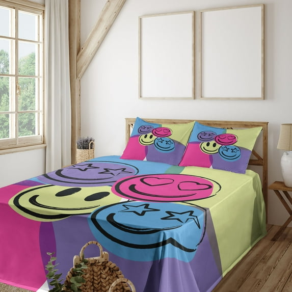 Ambesonne Emoji Fitted & Top Sheet Set with Shams, Modern Round Faces Pop Art, Pink Blue Lavender
