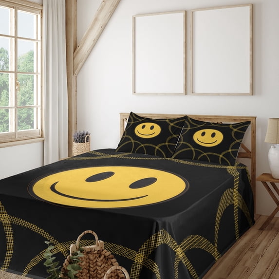 Ambesonne Emoji Fitted & Top Sheet Set with Shams, Classic Smiling Face Grids, Black Mustard